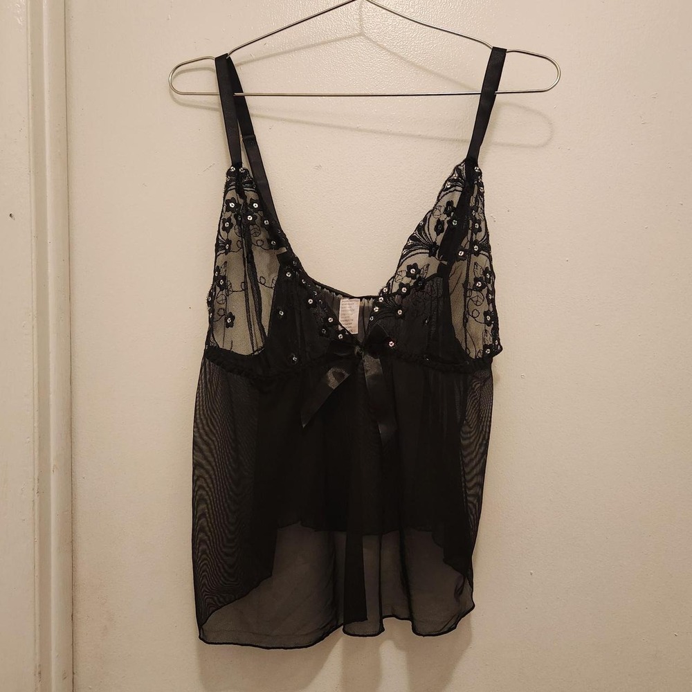 Black Lace Rhinestone Babydoll Lingerie Top Plus Size 2X Y2K Romantic Goth